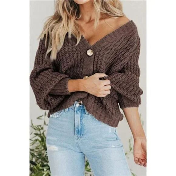 Long Sleeve Button Loose Short Cardigan Outerwear Coats Coffee - Picture 3 of 7